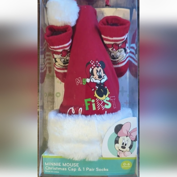 DISNEY Minnie Mouse My First Christmas Cap and Socks NIB Baby Girl Disney 0-6 Mo - Picture 2 of 8